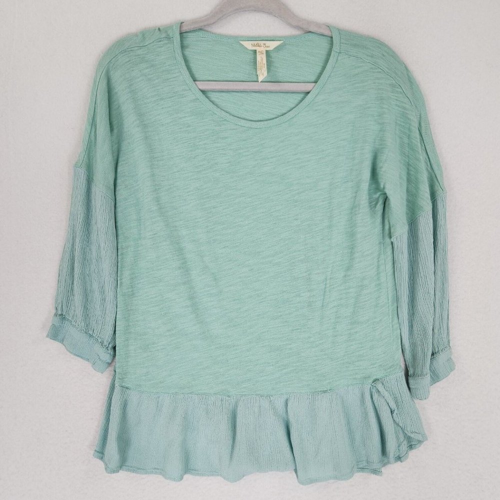 Matilda Jane Shirt Womens Extra Small Green 3/4 Sleeve Ruffle Lightweight Spring